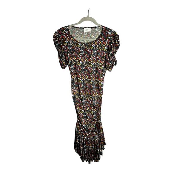 Tanya Taylor Colorful Floral Short Sleeve Long Dress Ruffle Hem Size XS